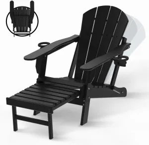BRIOPAWS Folding Adirondack Chair with Adjustable Backrest & Ottoman, All-Weather HDPE Outdoor Chairs w/Cup Holders & Retractable Footrest for Poolside, Fire Pit, Campfire, Deck, Black