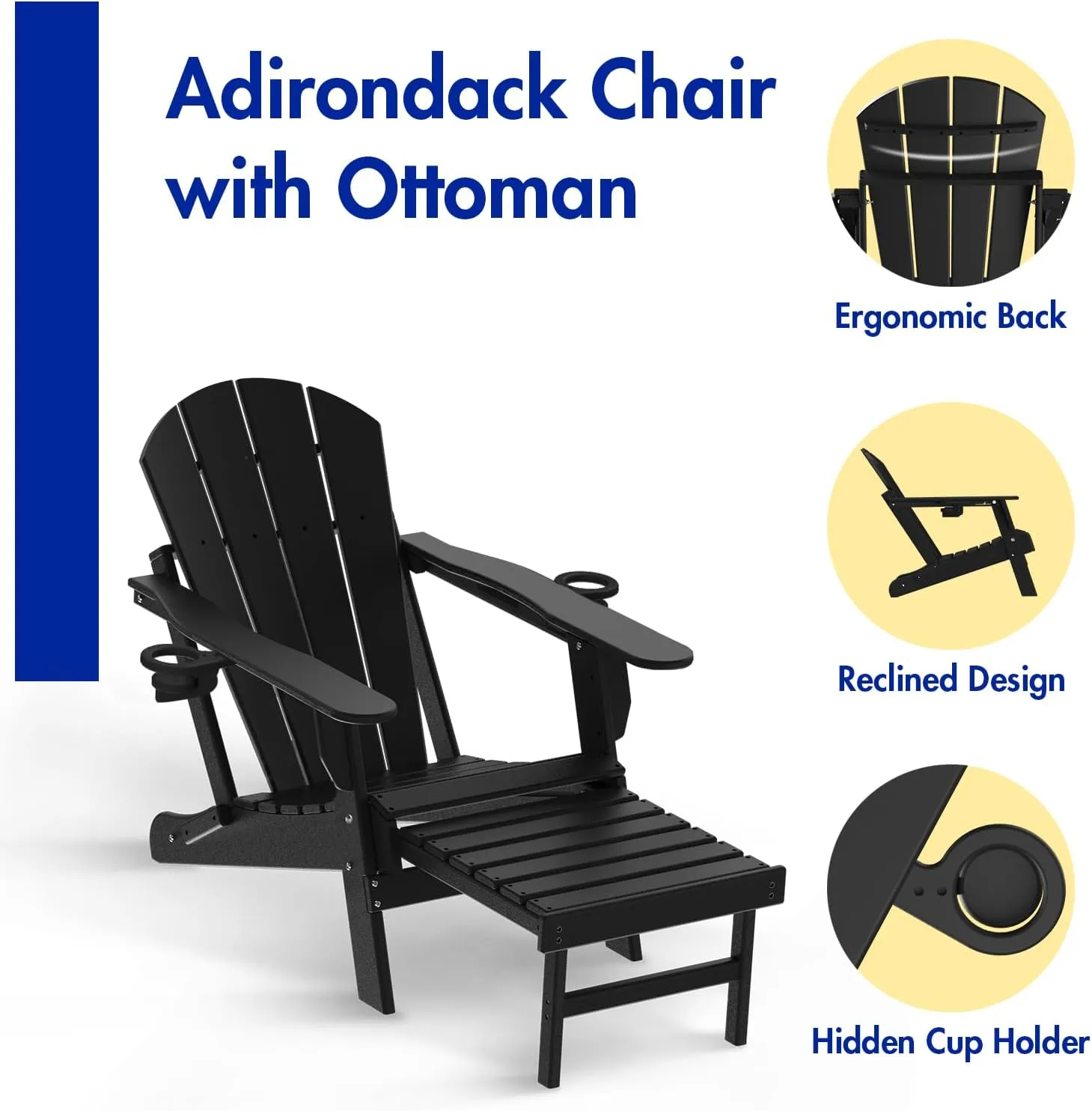 BRIOPAWS Folding Adirondack Chair with Adjustable Backrest & Ottoman, All-Weather HDPE Outdoor Chairs w/Cup Holders & Retractable Footrest for Poolside, Fire Pit, Campfire, Deck, Black