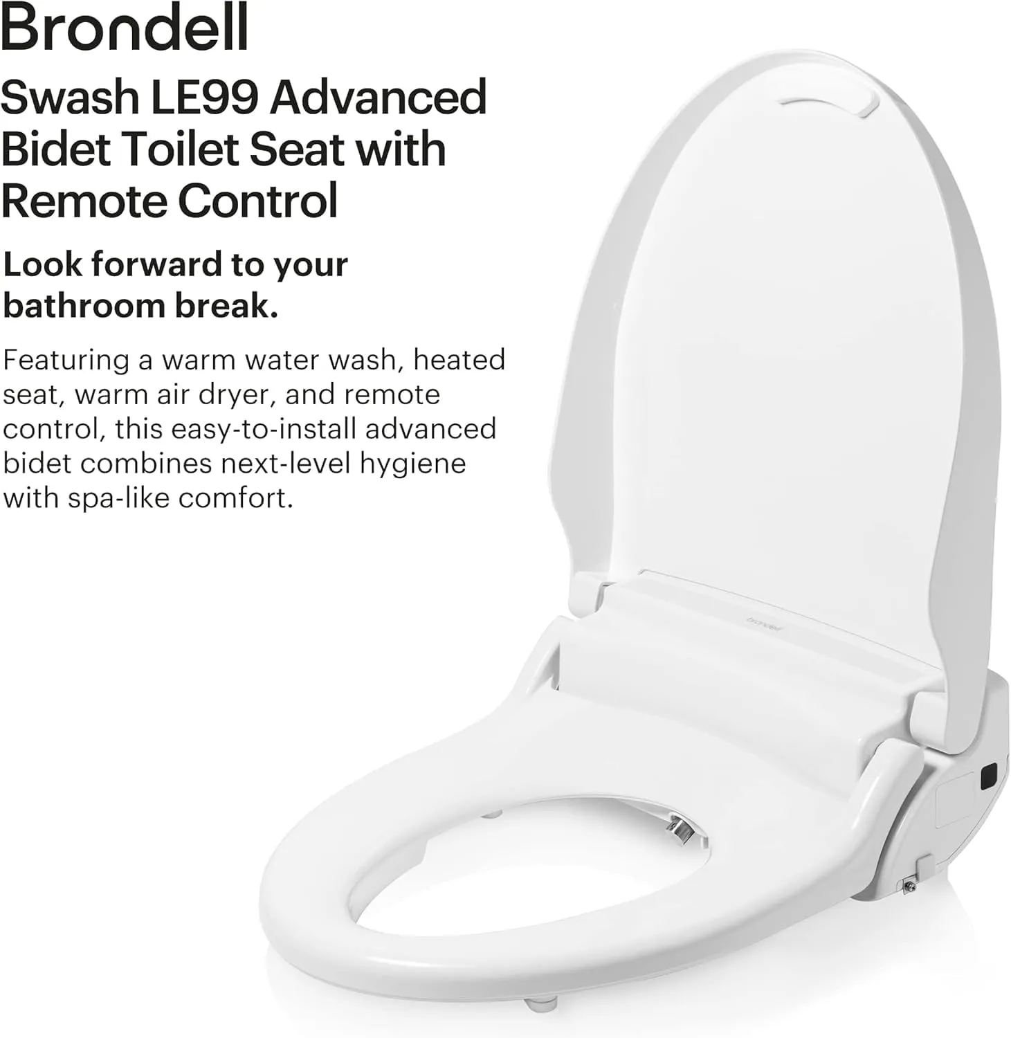 Brondell LE99 Bidet Toilet Seat, Fits Elongated Toilets, Electric Bidet with Remote, Warm Air Dryer, Strong Wash Mode, Stainless-Steel Nozzle, Saved User Settings & Easy Installation