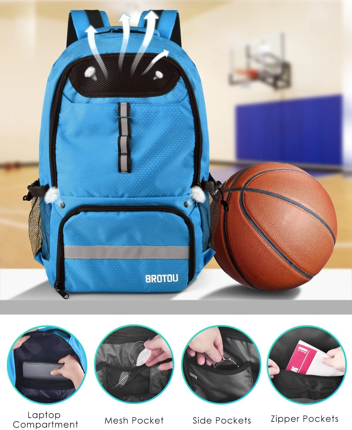 BROTOU Basketball Backpack, Large Basketball Bag with Shoes and Ball Compartment, Soccer Backpacks for Basketball/Volleyball