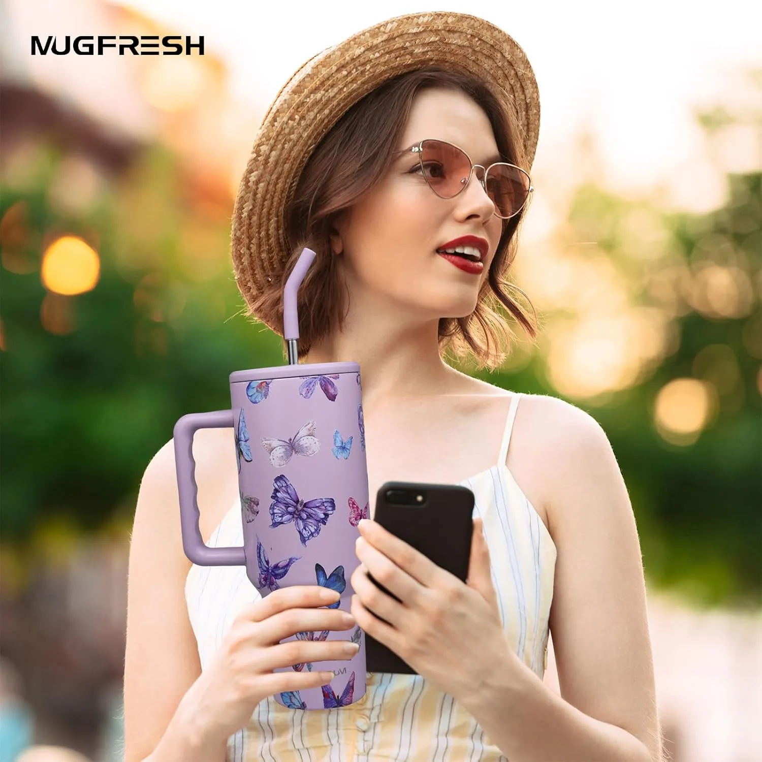 Butterfly Tumbler, Butterfly Gifts for Women 40 oz Insulated Tumbler with Handle and Straw Cup Holder Friendly Travel Mug Stainless Steel Water Bottle