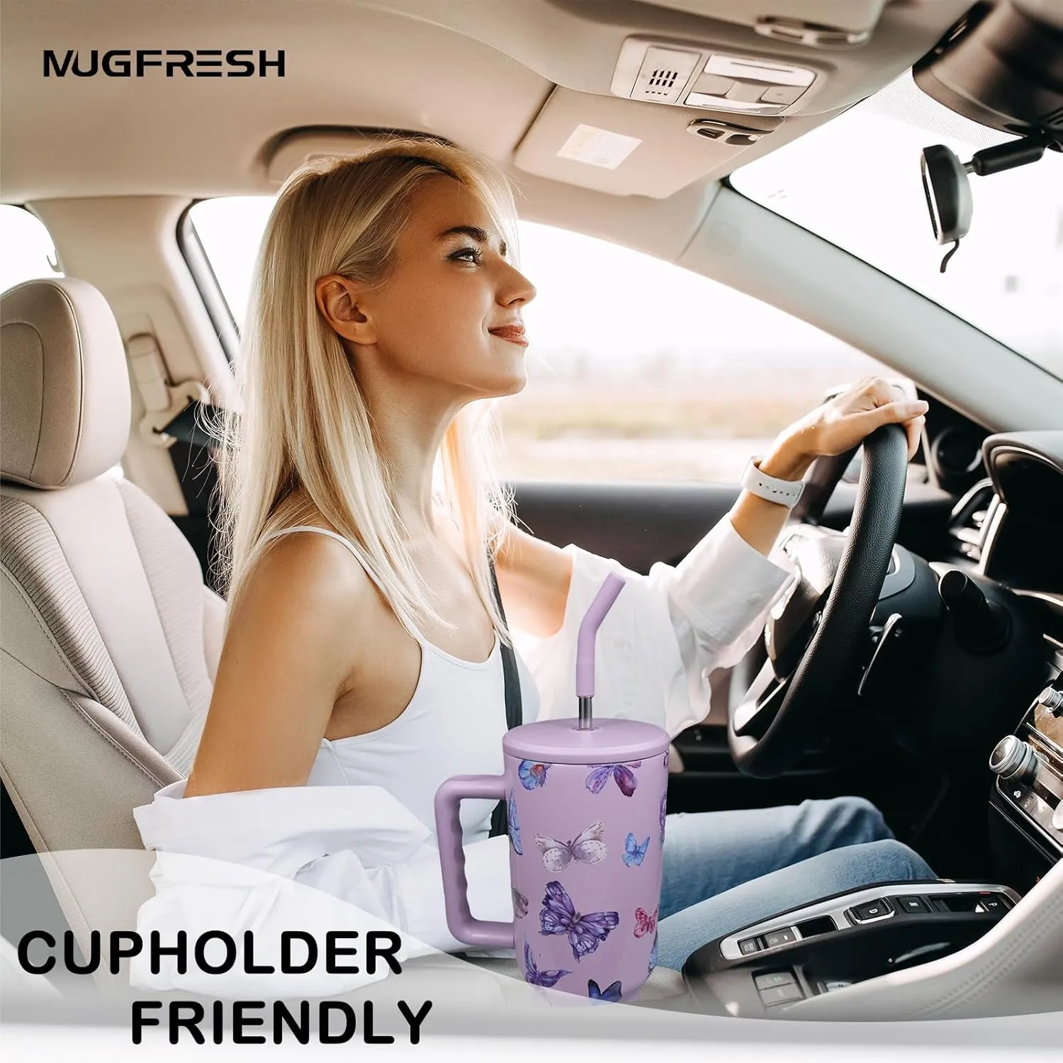 Butterfly Tumbler, Butterfly Gifts for Women 40 oz Insulated Tumbler with Handle and Straw Cup Holder Friendly Travel Mug Stainless Steel Water Bottle