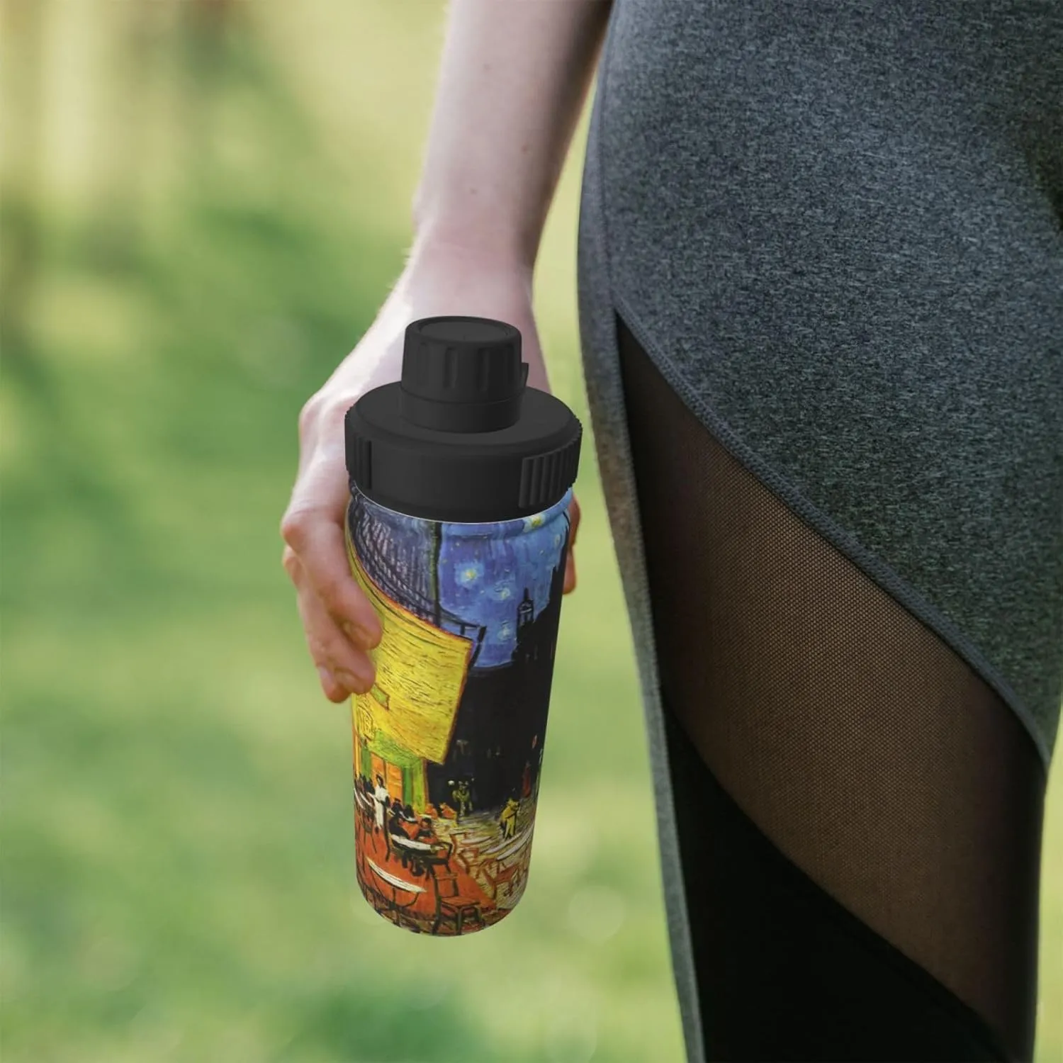 Cafe Terrace at Night 18 OZ Insulated Stainless Steel Bottles, Sports Water Tumbler with Lid Unisex Insulated Water Cup for Outdoor Sports Hiking Cycling﻿