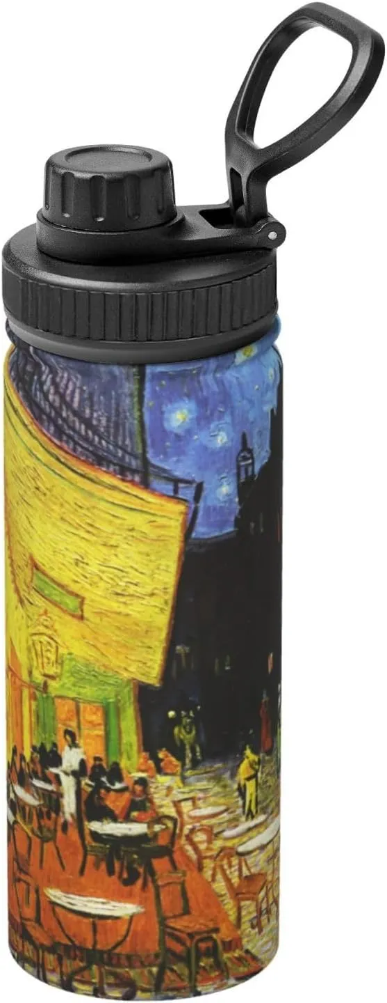Cafe Terrace at Night 18 OZ Insulated Stainless Steel Bottles, Sports Water Tumbler with Lid Unisex Insulated Water Cup for Outdoor Sports Hiking Cycling﻿