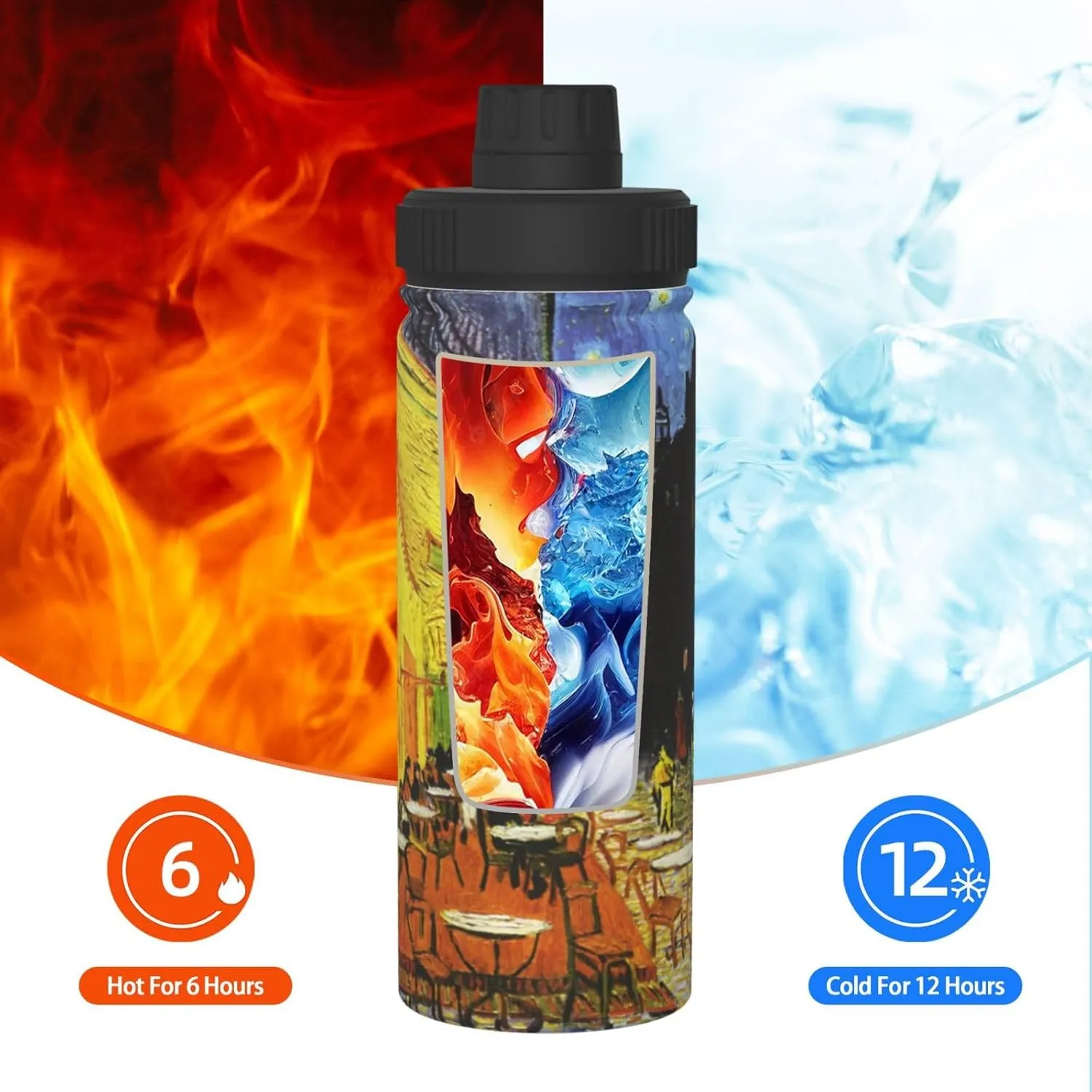Cafe Terrace at Night 18 OZ Insulated Stainless Steel Bottles, Sports Water Tumbler with Lid Unisex Insulated Water Cup for Outdoor Sports Hiking Cycling﻿