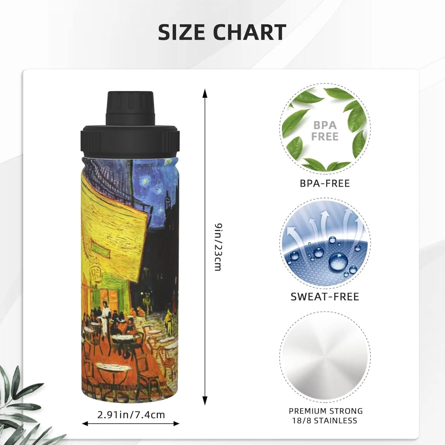 Cafe Terrace at Night 18 OZ Insulated Stainless Steel Bottles, Sports Water Tumbler with Lid Unisex Insulated Water Cup for Outdoor Sports Hiking Cycling﻿