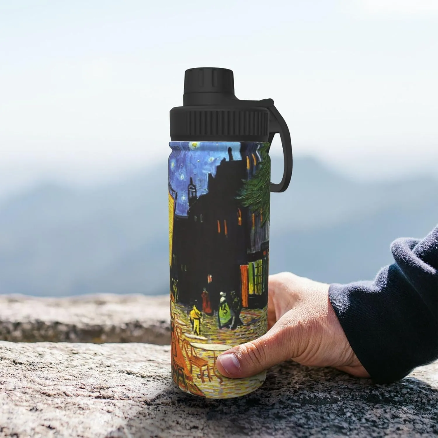 Cafe Terrace at Night 18 OZ Insulated Stainless Steel Bottles, Sports Water Tumbler with Lid Unisex Insulated Water Cup for Outdoor Sports Hiking Cycling﻿