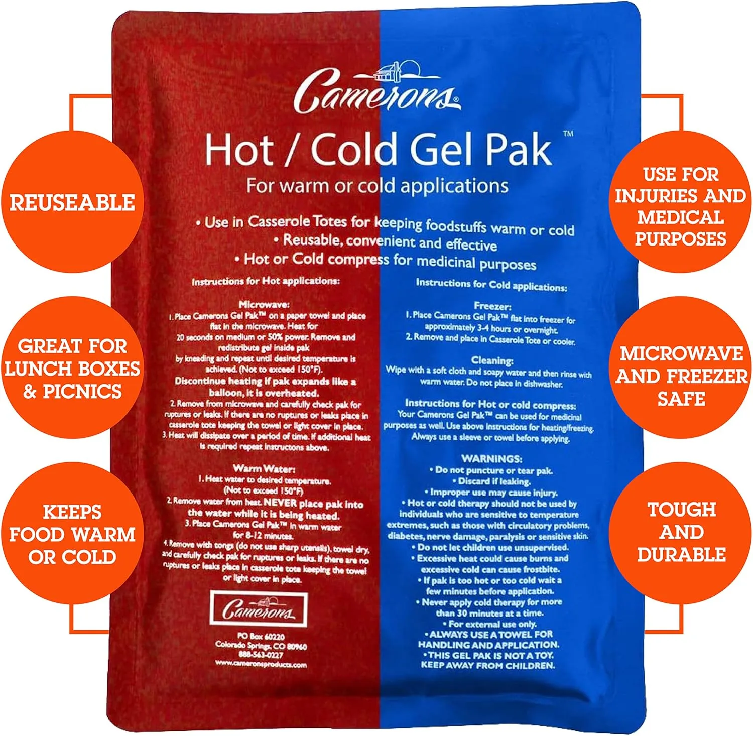 Camerons Hot or Cold Gel Pack - XL Ice & Heating Pack (8"x11") - Large Reusable Pak Keeps Temperature - Use in Casserole Carrier & Lunch Box for Food -Use as Warm & Cold Compress & Physical Therapy