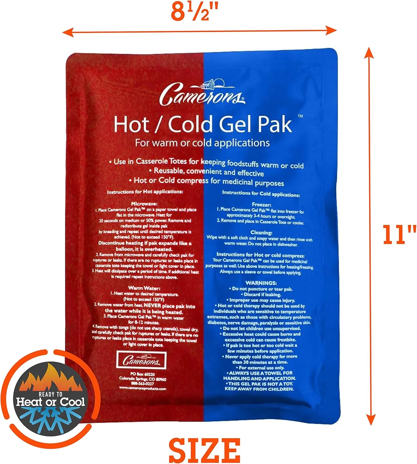 Camerons Hot or Cold Gel Pack - XL Ice & Heating Pack (8"x11") - Large Reusable Pak Keeps Temperature - Use in Casserole Carrier & Lunch Box for Food -Use as Warm & Cold Compress & Physical Therapy