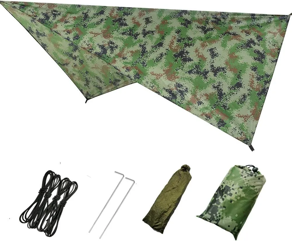 Camouflage Camping Hammock with Removable Mosquito Net and Rain Fly Tarp, Portable Nylon Hammock Tent Set with Extra Pocket for Backpacking Hiking (Army Green Hammock   Camouflage Canopy)