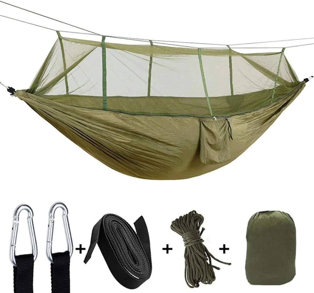Camouflage Camping Hammock with Removable Mosquito Net and Rain Fly Tarp, Portable Nylon Hammock Tent Set with Extra Pocket for Backpacking Hiking (Army Green Hammock   Camouflage Canopy)