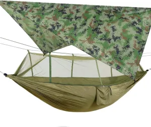 Camouflage Camping Hammock with Removable Mosquito Net and Rain Fly Tarp, Portable Nylon Hammock Tent Set with Extra Pocket for Backpacking Hiking (Army Green Hammock   Camouflage Canopy)