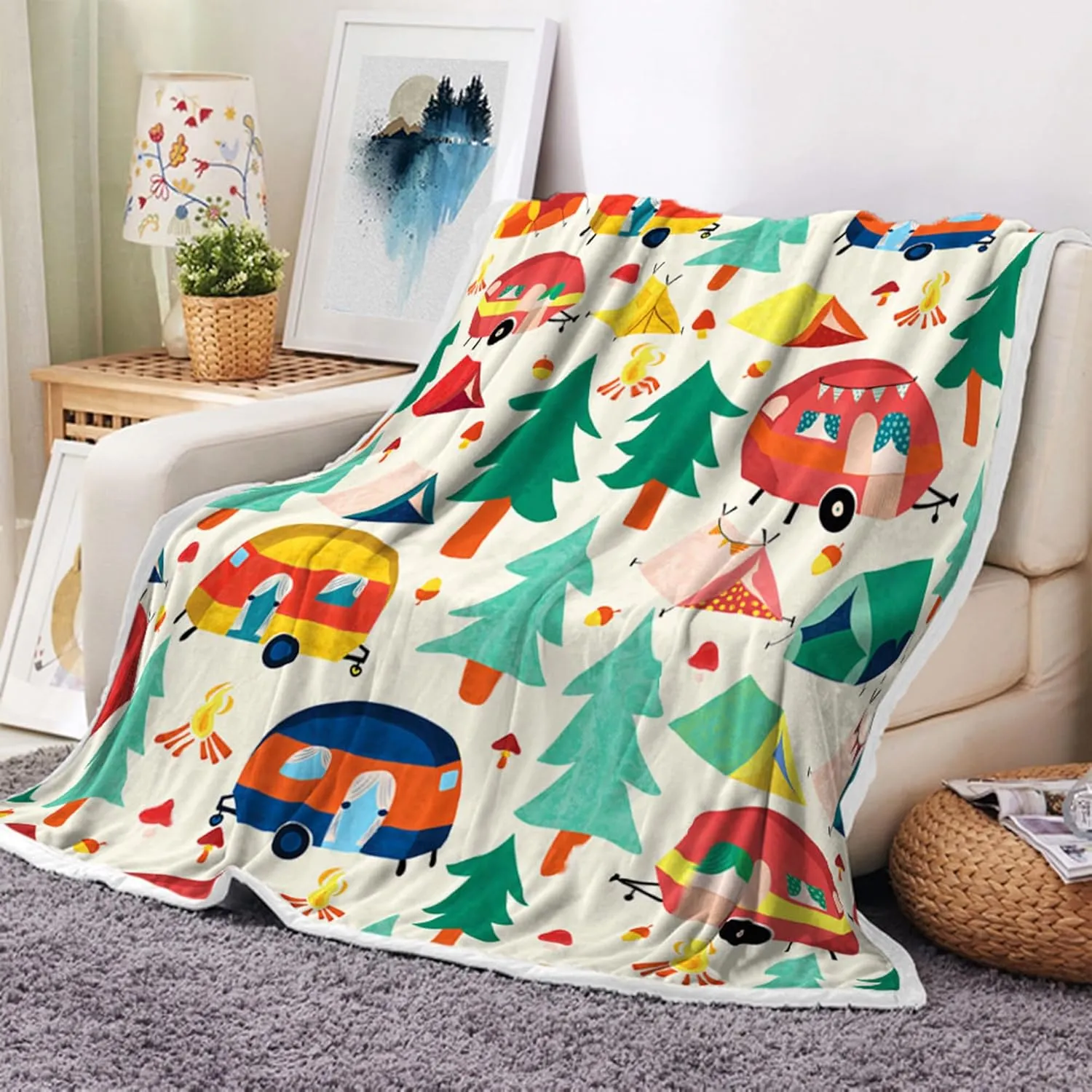 Camper Blanket,Camping Blanket,Outdoor Throw Blanket Happy Camping Soft Plush Fluffy Blankets Camper Bedding for Bed Sofa Couch Camping Gifts 50x60inch