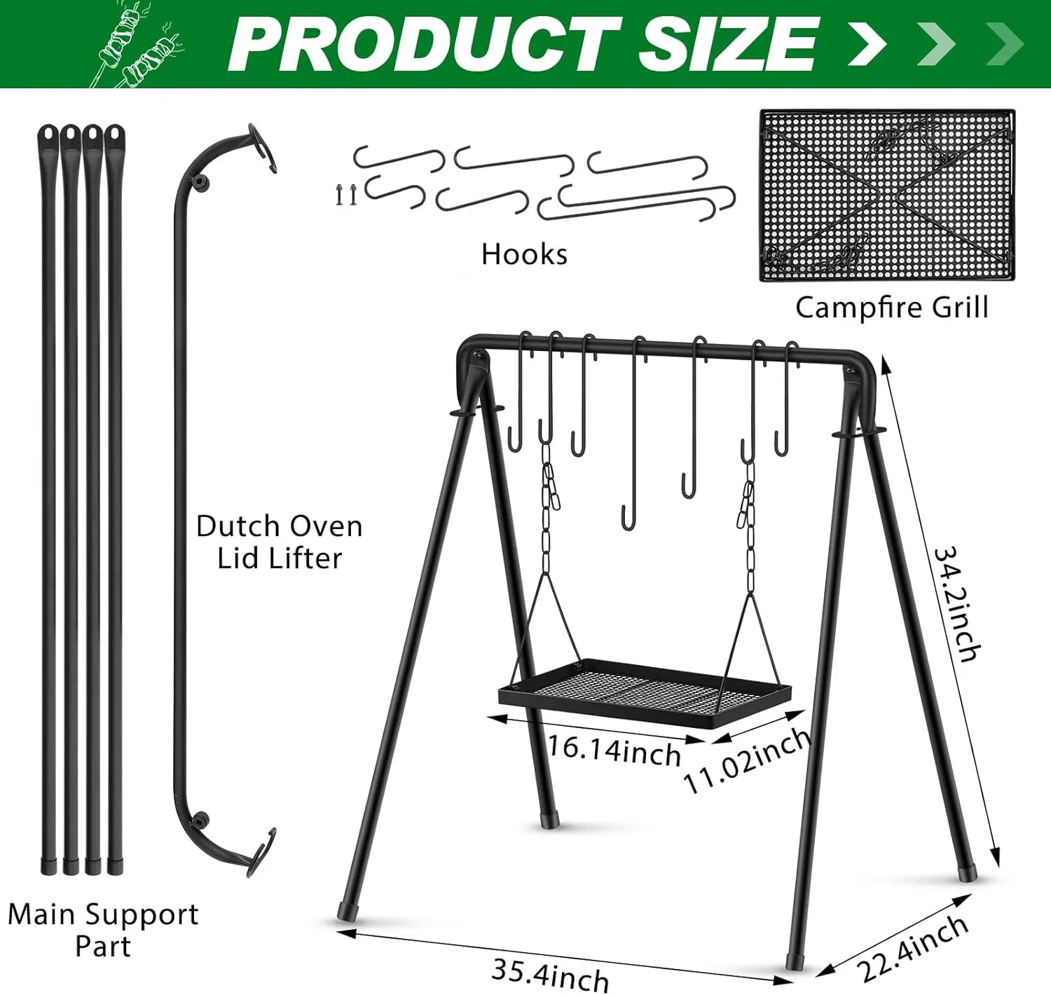 Campfire Swing Grill Stand Adjustable Grill Cooking Stand Hanging Rack with 8 Hooks and Accessories Campfire Cooking Equipment for BBQ Picnic Outdoor Party(Normal Tray)