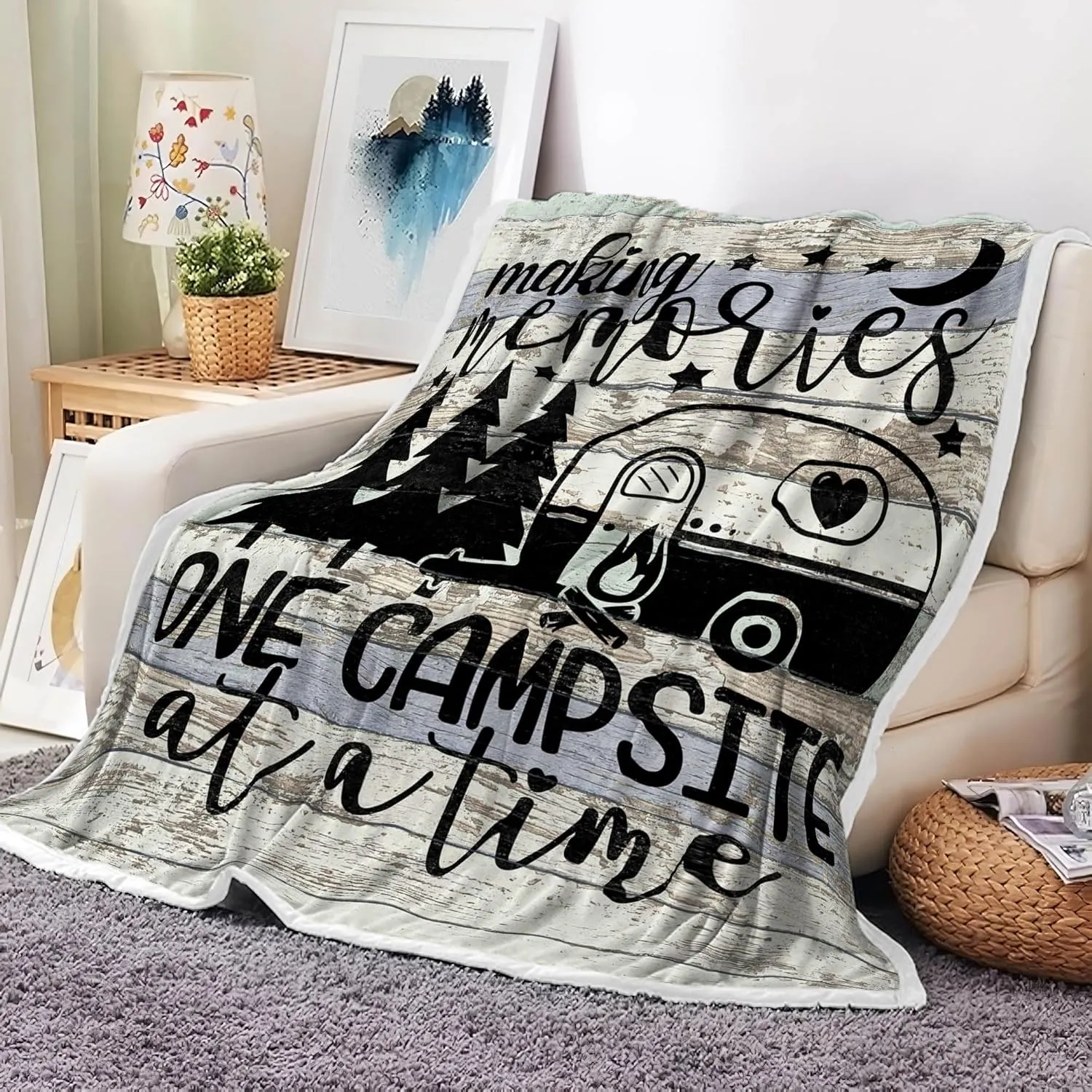 Camping Blanket, Camping Lovers Gift Ideas for Men or Woman, Campsite Outdoors RV Hiking Travel Throw Blanket for Sofa Couch,Super Soft Flannel Blankets Gifts for Bed Camper Outdoor,50"x60"