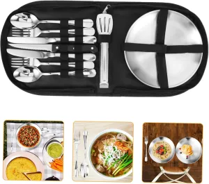 Camping Cookware Set 10pc Stainless Steel Cutlery Portable Picnic Utensils Storage Bag