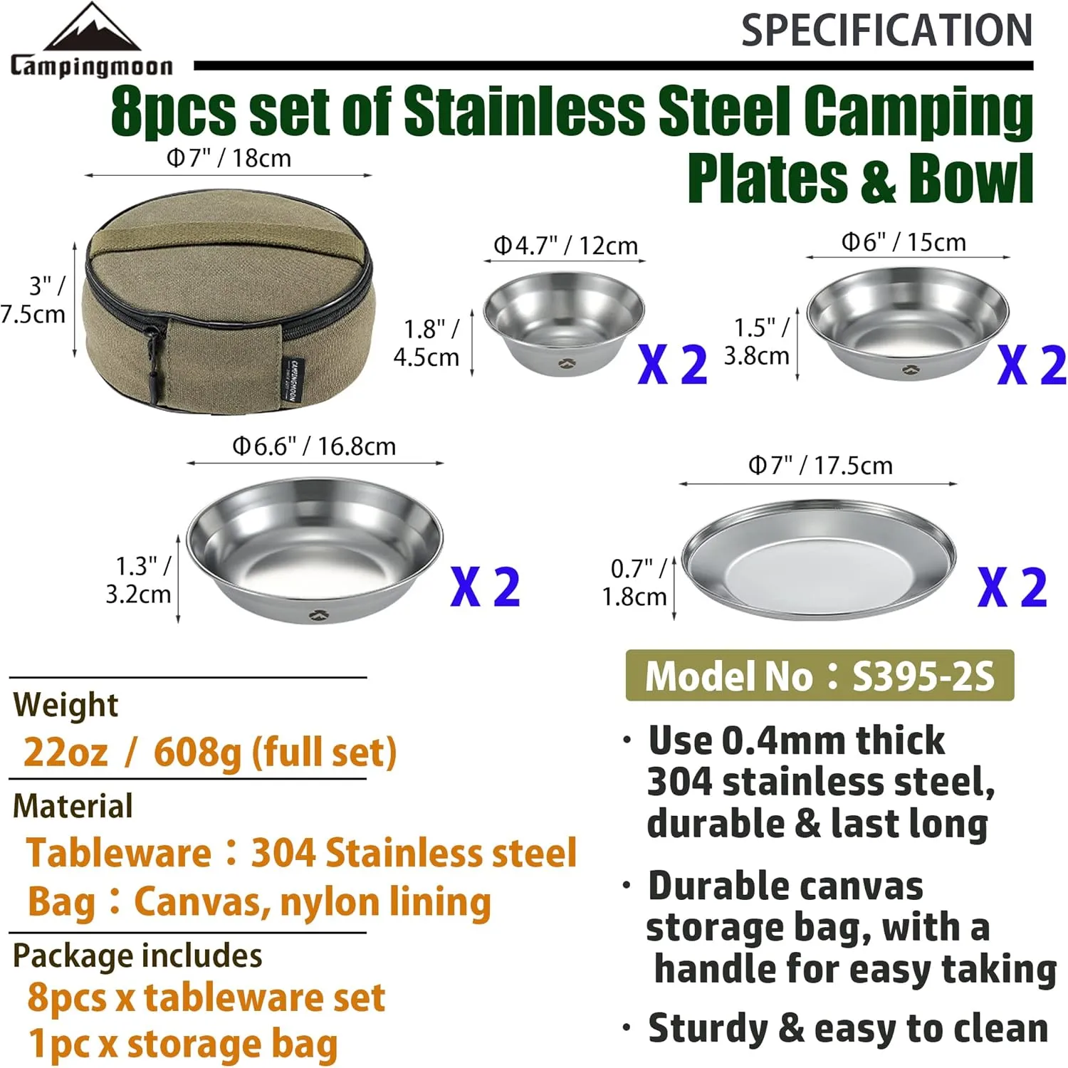 CAMPINGMOON Camping Plates Set Stainless Steel Dishwasher Safe Kitchenware S395