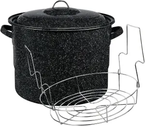 Canning Pot with Rack and Lid - Large 21 Quart Boiling Water Canning Set for Sterilizing and Preserving Jars on the Stovetop/Open Flame - Scratch Resistant Enamel and Steel Core (Black)