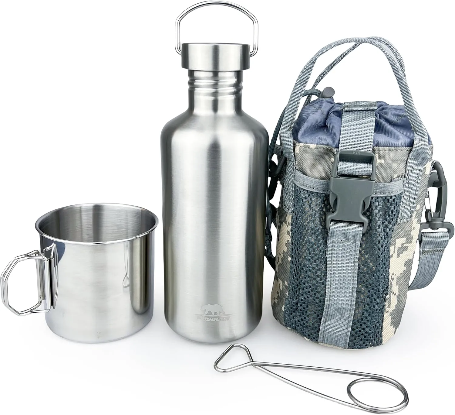 Canteen 42oz Single Wall Water Bottle with 24oz Nested Camping Cup and Carrier Bag, Bushcraft Gear, Wide Mouth Water Bottle, Survival Gear, Water Boiler, Self Reliance, Stainless Steel - Camo
