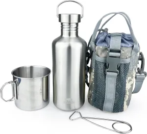Canteen 42oz Single Wall Water Bottle with 24oz Nested Camping Cup and Carrier Bag, Bushcraft Gear, Wide Mouth Water Bottle, Survival Gear, Water Boiler, Self Reliance, Stainless Steel - Camo