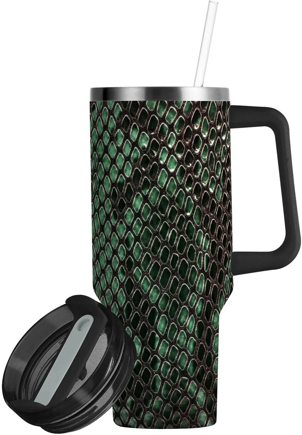 Car Tumbler with Handle Fancy Snakeskin Luxury Green Travel Mug Coffee Cup Insulated Beverage Container Mega Cup for Hot Cold Drinking Thermos Water Bottle Cupholder Friendly 40 oz