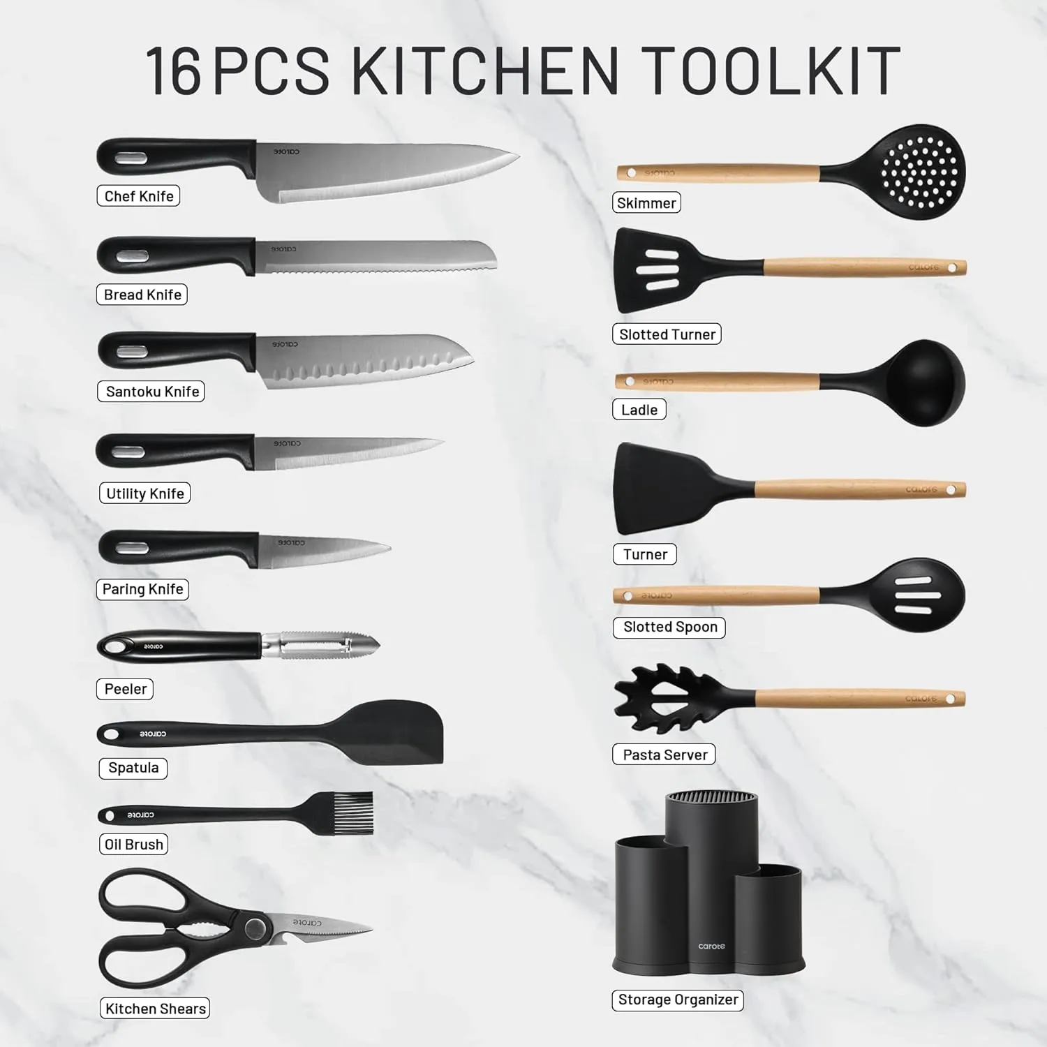 CAROTE 16 Pieces Kitchen Utensils Set, Silicone Cooking Utensils Set with Wooden Handle, Stainless Steel Knife Set with Block, Kitchen Utensil Gadgets Cutlery with Anti-slip Handle, Black
