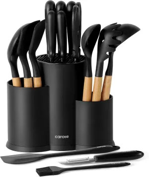 CAROTE 16 Pieces Kitchen Utensils Set, Silicone Cooking Utensils Set with Wooden Handle, Stainless Steel Knife Set with Block, Kitchen Utensil Gadgets Cutlery with Anti-slip Handle, Black