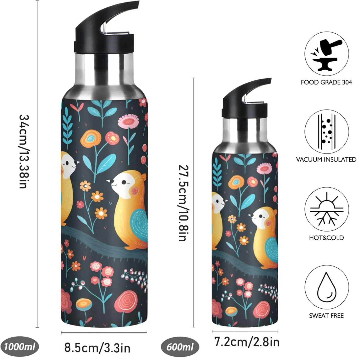 Cartoon Pattern Cute Otters Sport Water Bottle Insulated Stainless Steel Large Vacuum Flask Leak Proof Thermos with Straw for Travel(600ml/1000ml)