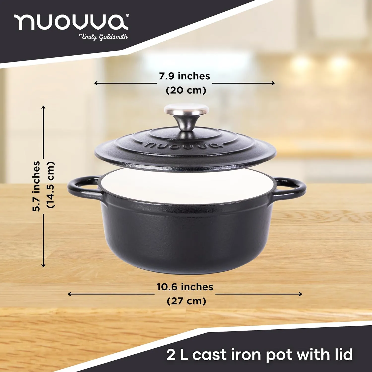 Cast Iron Dutch Oven with Lid – Non-Stick Ovenproof Enamelled Casserole Pot – Sturdy Dutch Oven Cookware – Black, 2.1-Quart, 20cm – by Nuovva