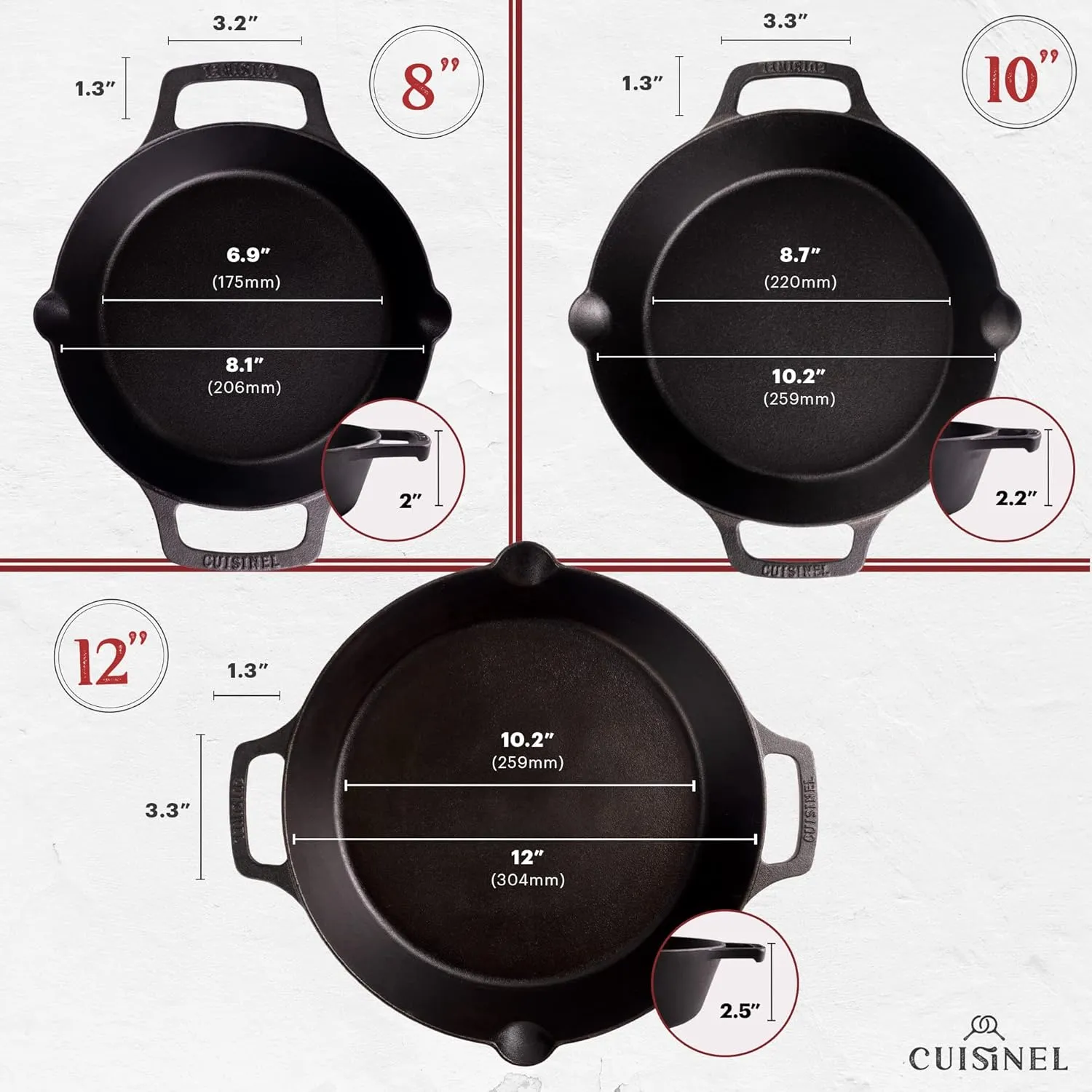 Cast Iron Skillet Set - 8" 10" 12"-Inch Dual Handle Frying Pans   Glass Lids   Silicone Handle Holder Covers - Pre-seasoned Oven Safe Cookware - Indoor/Outdoor Use - Grill, Stovetop, Induction Safe