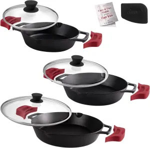 Cast Iron Skillet Set - 8" 10" 12"-Inch Dual Handle Frying Pans   Glass Lids   Silicone Handle Holder Covers - Pre-seasoned Oven Safe Cookware - Indoor/Outdoor Use - Grill, Stovetop, Induction Safe