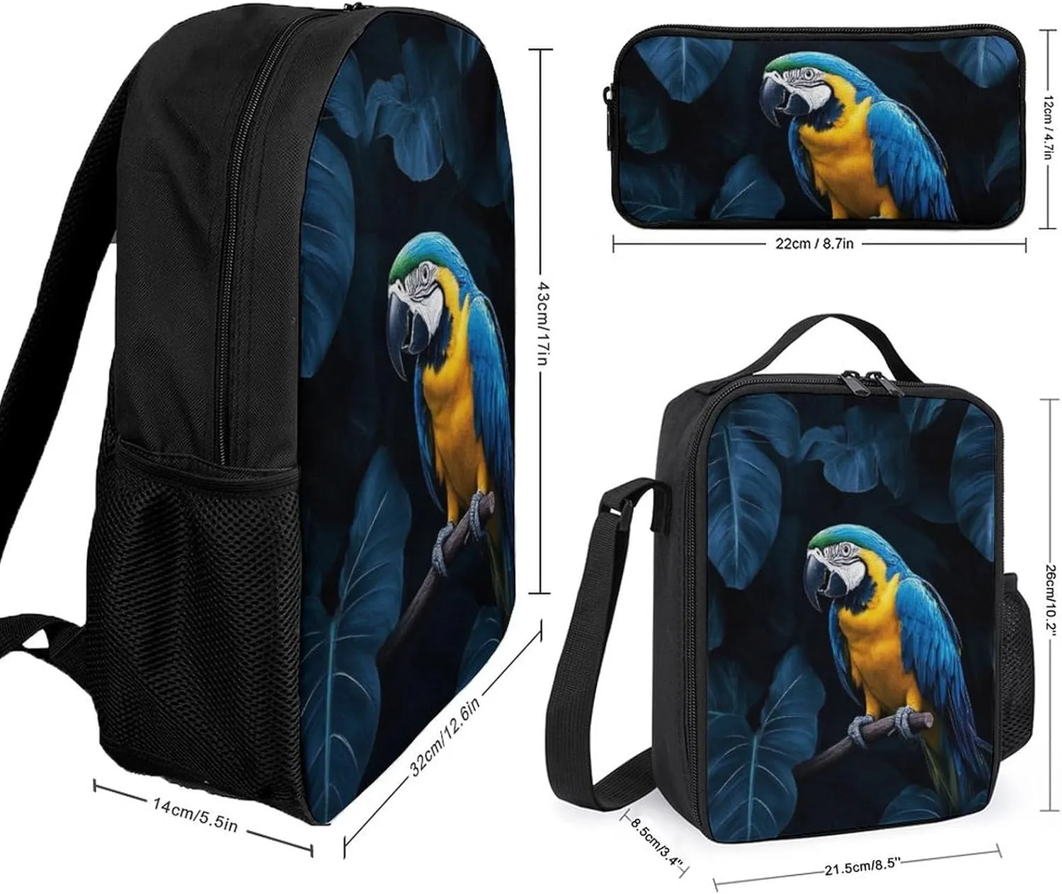 Causal Backpack Set 3 Pieces, 17inch Laptop Backpack with Insulated Lunchbox Meal Bag Lightweight Pencil Pouch Lovely Blue Parrot Rain Daypack