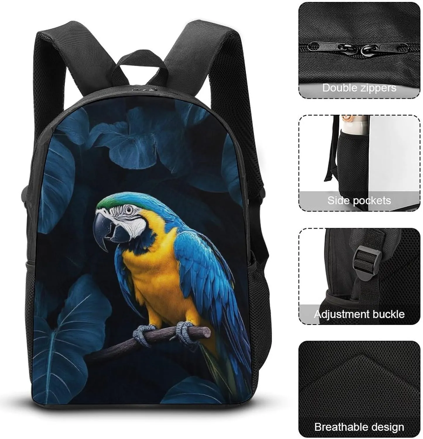 Causal Backpack Set 3 Pieces, 17inch Laptop Backpack with Insulated Lunchbox Meal Bag Lightweight Pencil Pouch Lovely Blue Parrot Rain Daypack