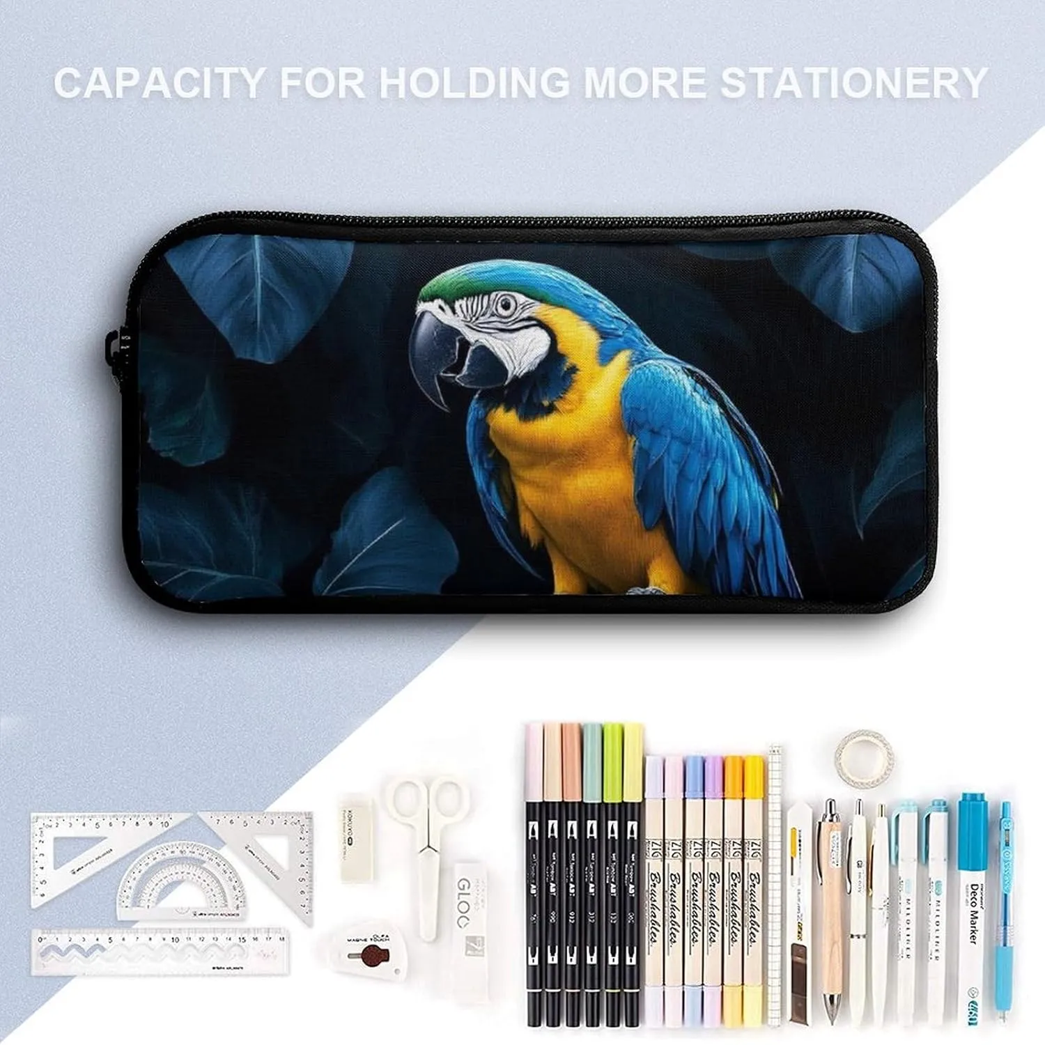 Causal Backpack Set 3 Pieces, 17inch Laptop Backpack with Insulated Lunchbox Meal Bag Lightweight Pencil Pouch Lovely Blue Parrot Rain Daypack