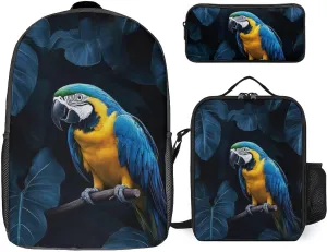 Causal Backpack Set 3 Pieces, 17inch Laptop Backpack with Insulated Lunchbox Meal Bag Lightweight Pencil Pouch Lovely Blue Parrot Rain Daypack