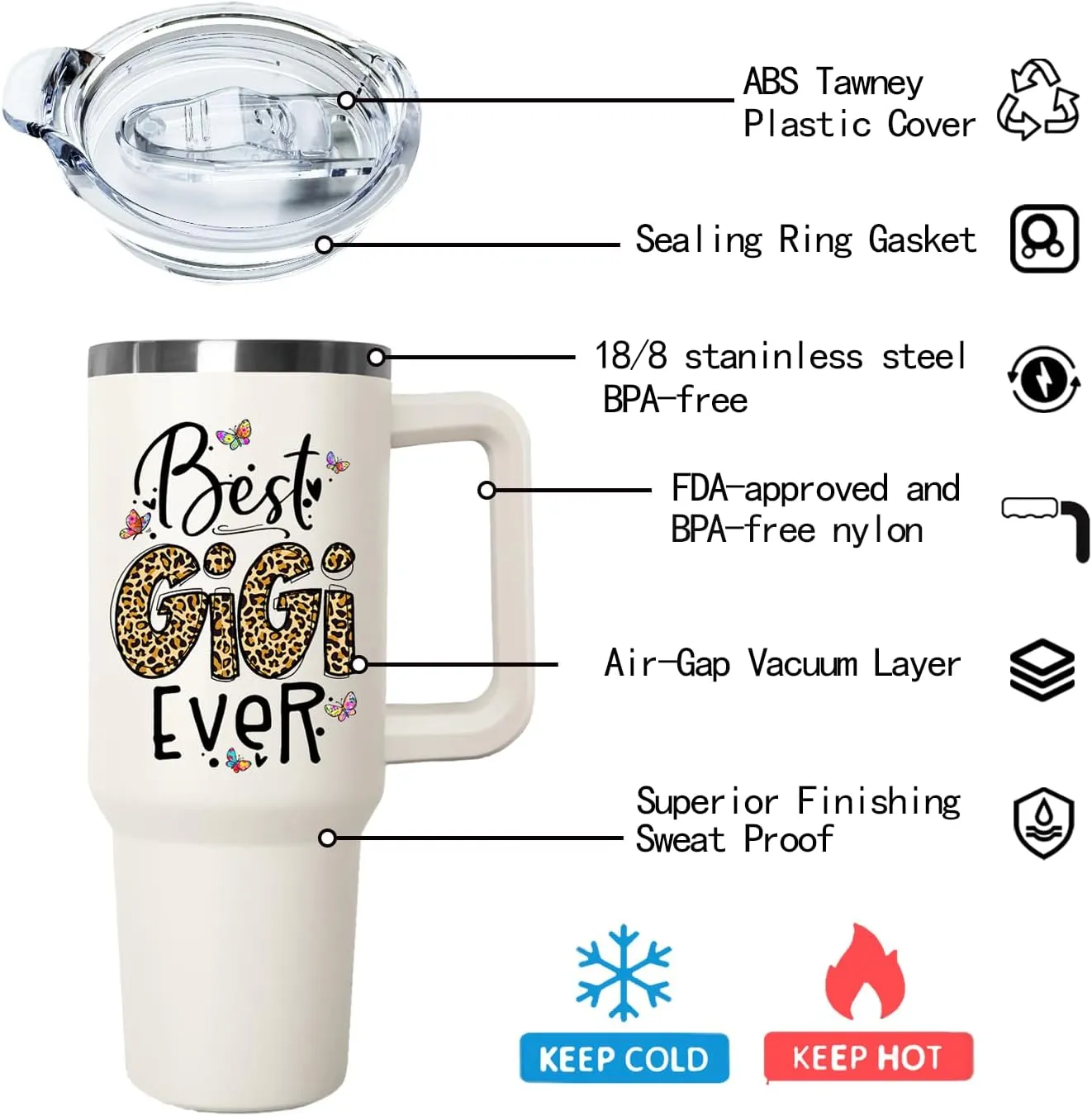 Ceovfoi 40 oz Gigi Tumbler with handle Lid and Straw, Best Gigi Ever Vacuum Insulated Travel Coffee Mug CupTumbler, Mothers Day Gifts for Grandmother