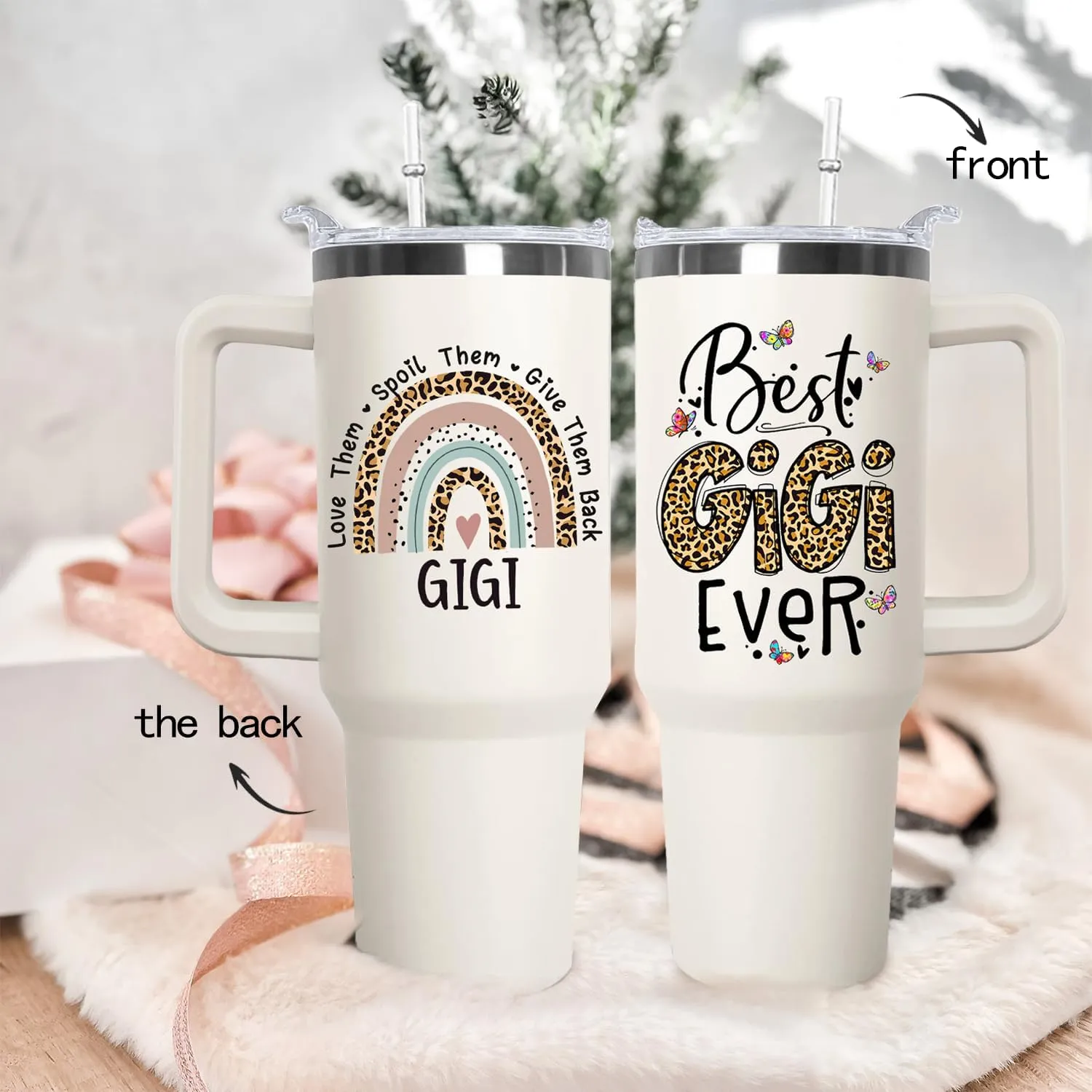 Ceovfoi 40 oz Gigi Tumbler with handle Lid and Straw, Best Gigi Ever Vacuum Insulated Travel Coffee Mug CupTumbler, Mothers Day Gifts for Grandmother