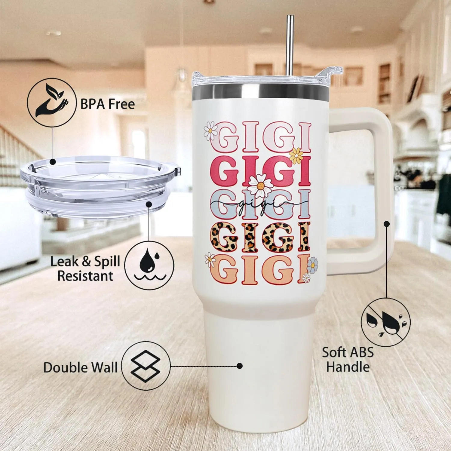 Ceovfoi 40 oz Gigi Vacuum Insulated Water Bottle Travel Coffee Mug Cup Tumbler with Handle Lid and Straw, Mothers Day Gigi Gifts for Grandmother