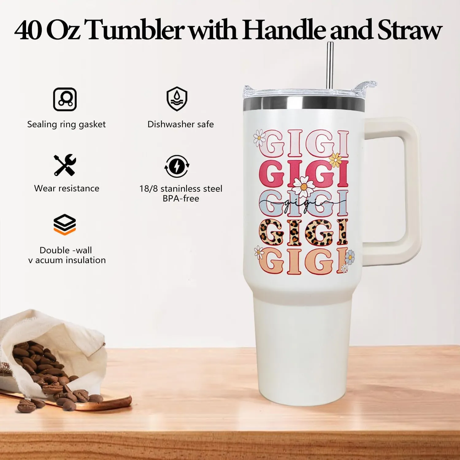 Ceovfoi 40 oz Gigi Vacuum Insulated Water Bottle Travel Coffee Mug Cup Tumbler with Handle Lid and Straw, Mothers Day Gigi Gifts for Grandmother