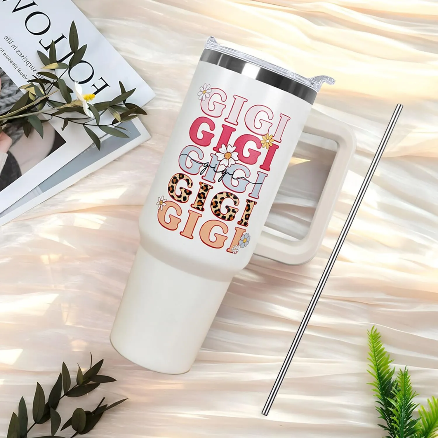 Ceovfoi 40 oz Gigi Vacuum Insulated Water Bottle Travel Coffee Mug Cup Tumbler with Handle Lid and Straw, Mothers Day Gigi Gifts for Grandmother