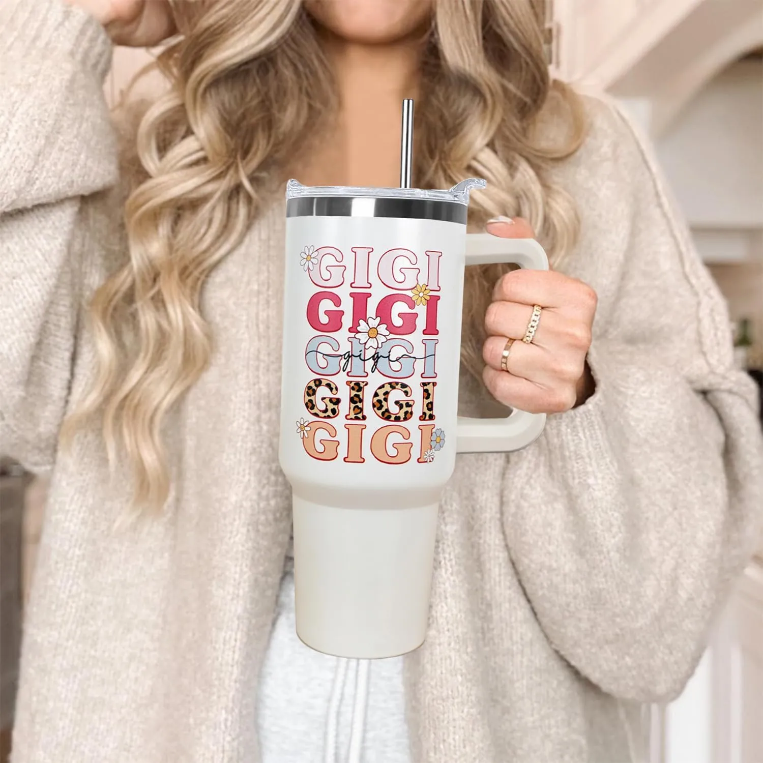 Ceovfoi 40 oz Gigi Vacuum Insulated Water Bottle Travel Coffee Mug Cup Tumbler with Handle Lid and Straw, Mothers Day Gigi Gifts for Grandmother