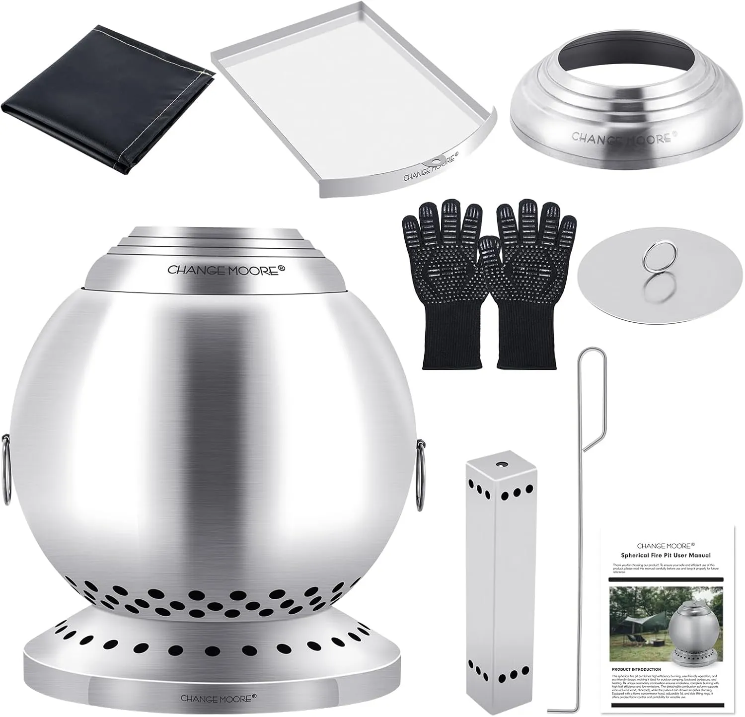 CHANGE MOORE Smokeless Fire Pit - Triple Combustion Stainless Steel Fire Bowl with Wood Gasification Technology 360° Airflow, 150% Efficiency, Portable & Lightweight for Camping with Gloves