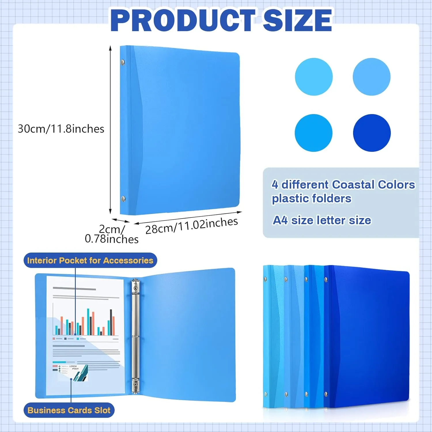 CHENGU 12 Pieces 1 Inch Binders 3 Ring Holds 200 Sheets Paper 1 Inch Plastic Binder with Pocket Round 3 Ring Letter Size for School Office Supplies(Blue Color)