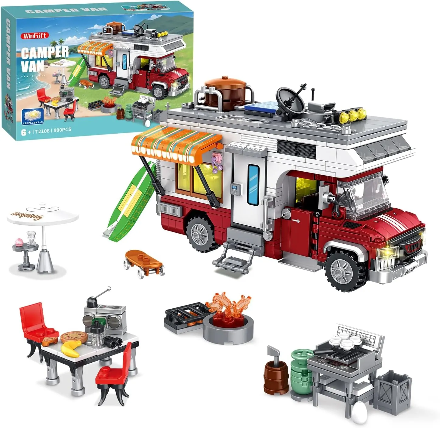 City Camper Van Building Set, 924 Piece Lighting RV Model Building Toy Set, Summer Beach Vacation Camper Building kit,Christmas Birthday Gift for Adults and Kids 6 