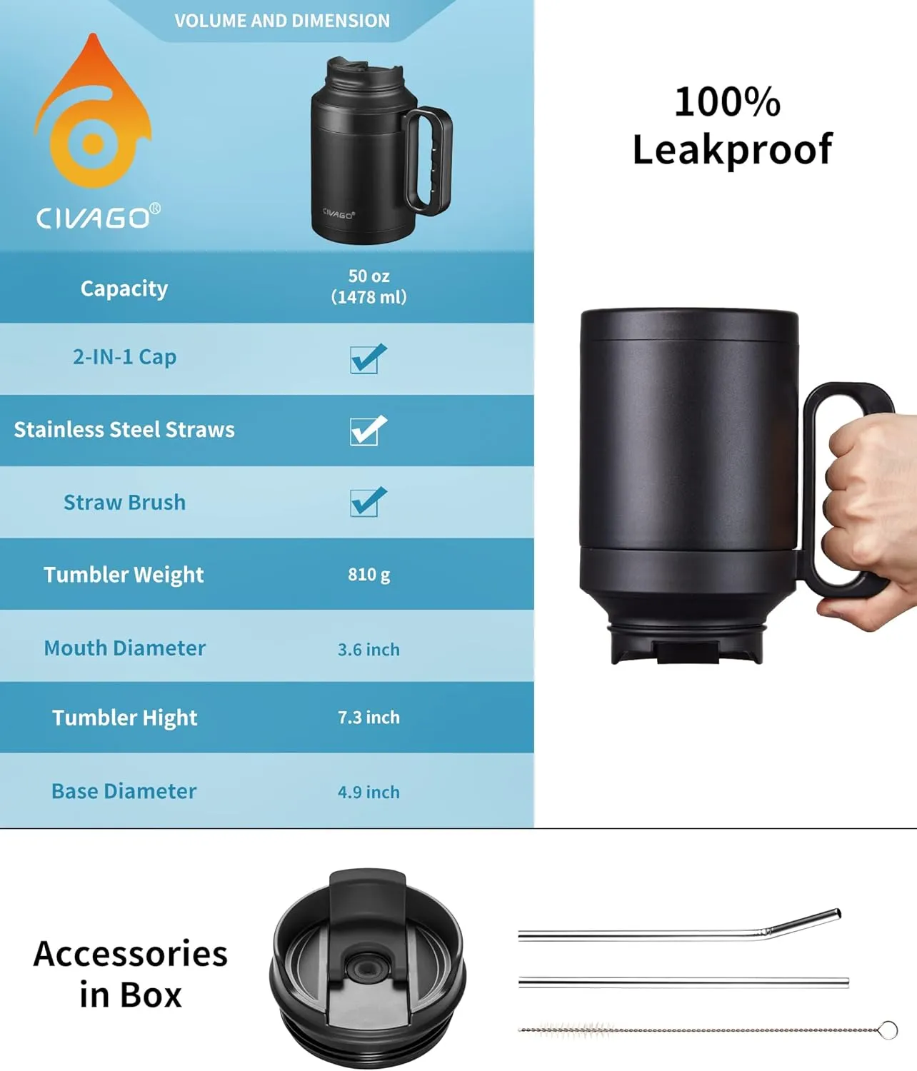 CIVAGO 50 oz Insulated Tumbler Mug with Lid and Straw, Vacuum Travel Coffee Mug with Handle, Double Wall Stainless Steel Water Cup Bottle, Sage
