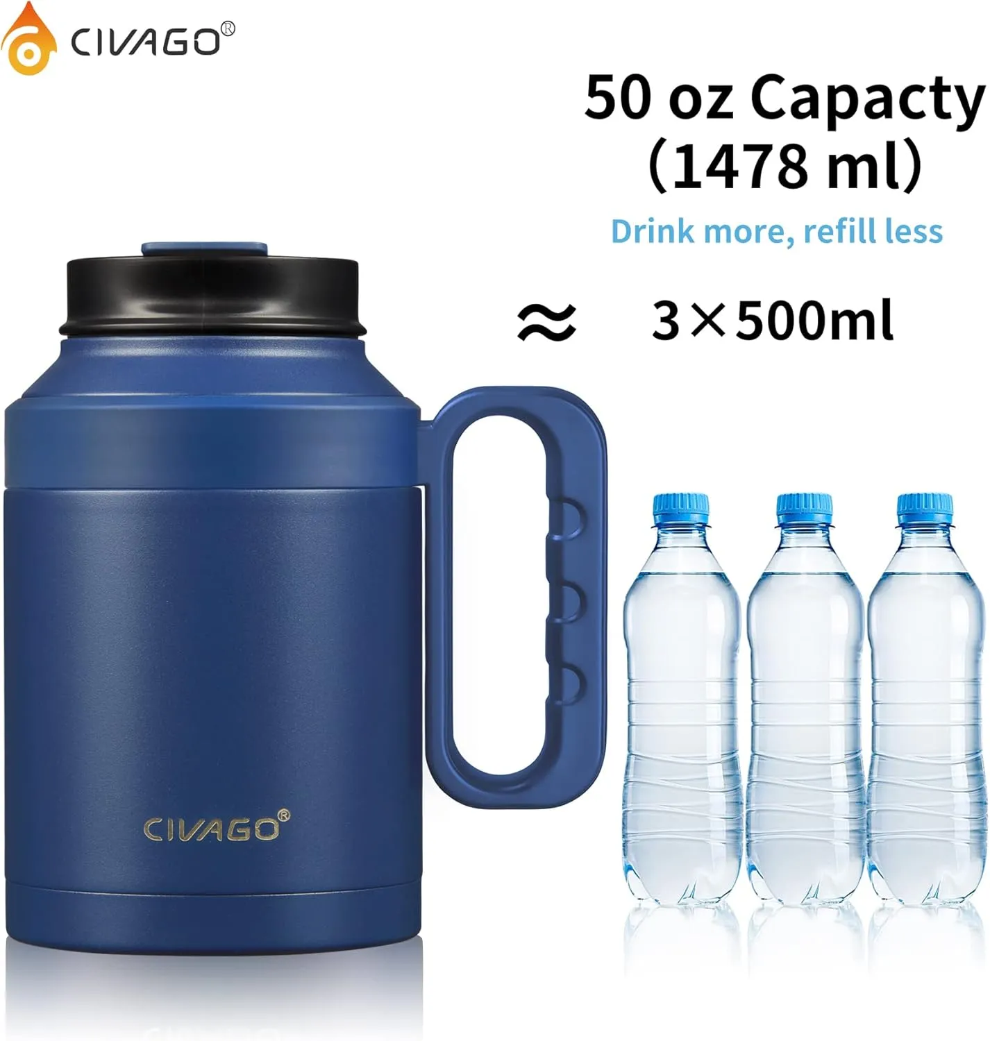 CIVAGO 50 oz Insulated Tumbler Mug with Lid and Straw, Vacuum Travel Coffee Mug with Handle, Double Wall Stainless Steel Water Cup Bottle, Sage