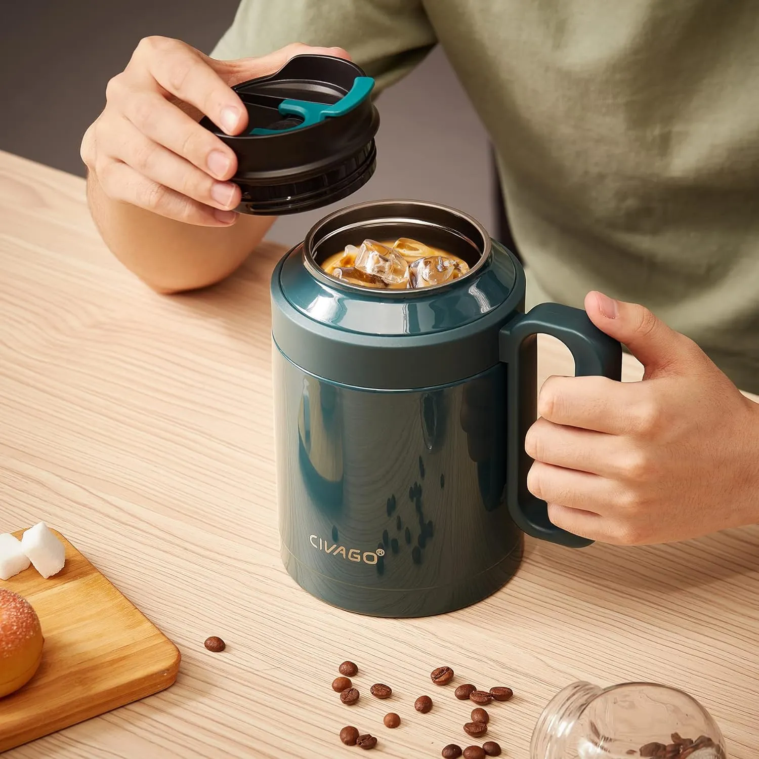 CIVAGO 50 oz Insulated Tumbler Mug with Lid and Straw, Vacuum Travel Coffee Mug with Handle, Double Wall Stainless Steel Water Cup Bottle, Sage