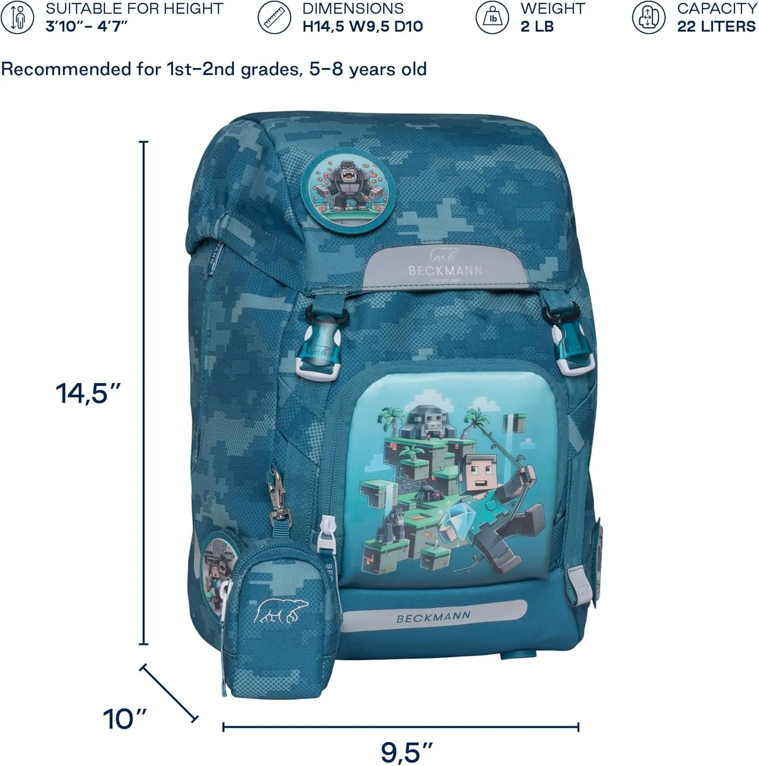 CLASSIC School Ergonomic Backpack for Kids – Lightweight, Adjustable, Spacious – Posture-Friendly, Durable – Ages 6-8, Elementary school, 1st & 2nd grade. 22 lt. JUNGLE GAME, BLUE