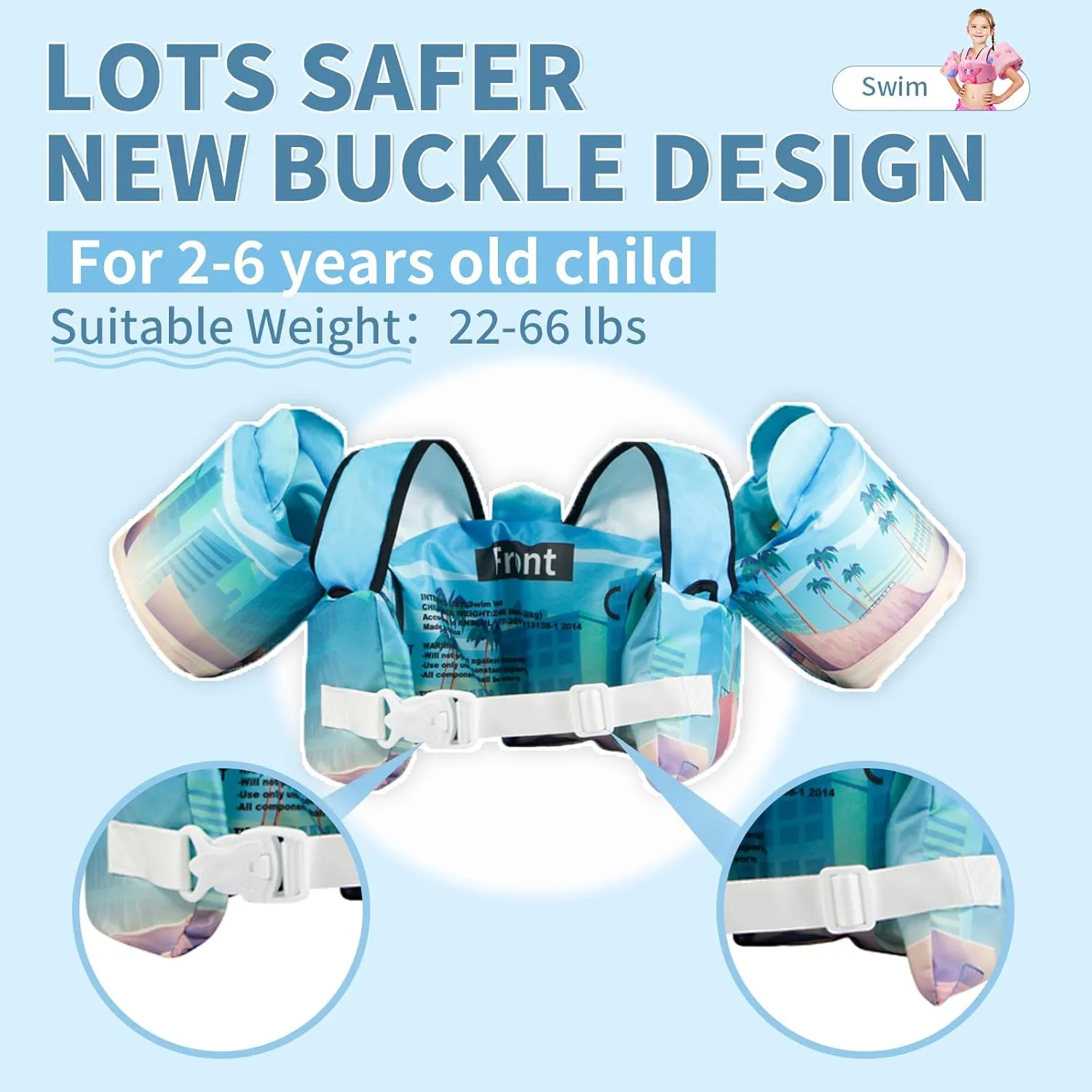 Coast Guard Approved UL Kids Swim Vest for Children Learn Swimming Training Toddler Floaties with Adjustable Non-Slip Buckle Shoulder Harness Arm Wings for 22-66 lbs Boys/Girls Beach