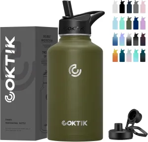 COKTIK 64 oz/Half Gallon Vacuum Insulated Jug, Double Walled Stainless Steel Sports Water Bottle with Reusable 2 Lids for Camping, Gym, Fitness or Office(Army Green)